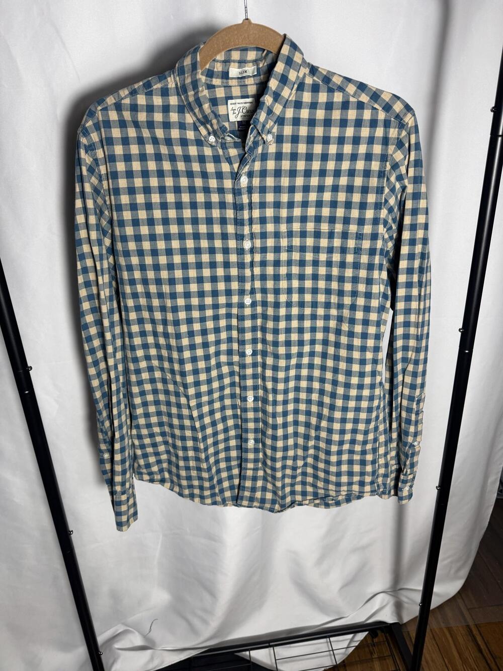 J Crew Secret Wash Shirt Mens Medium Check Long Sleeve Button Up Slim Stretch